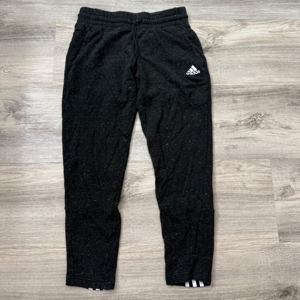 Adidas Womens Black Marl Fleece Joggers Sweatpants Three Stripe Size XS